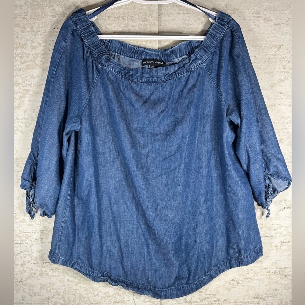 SAKS FIFTH AVENUE 100% Lyocell Blue Denim Off Shoulder Tunic Size Large